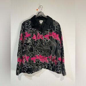 Chico's Women's Black Red Floral Embroidery Dressy Blazer Jacket size 3